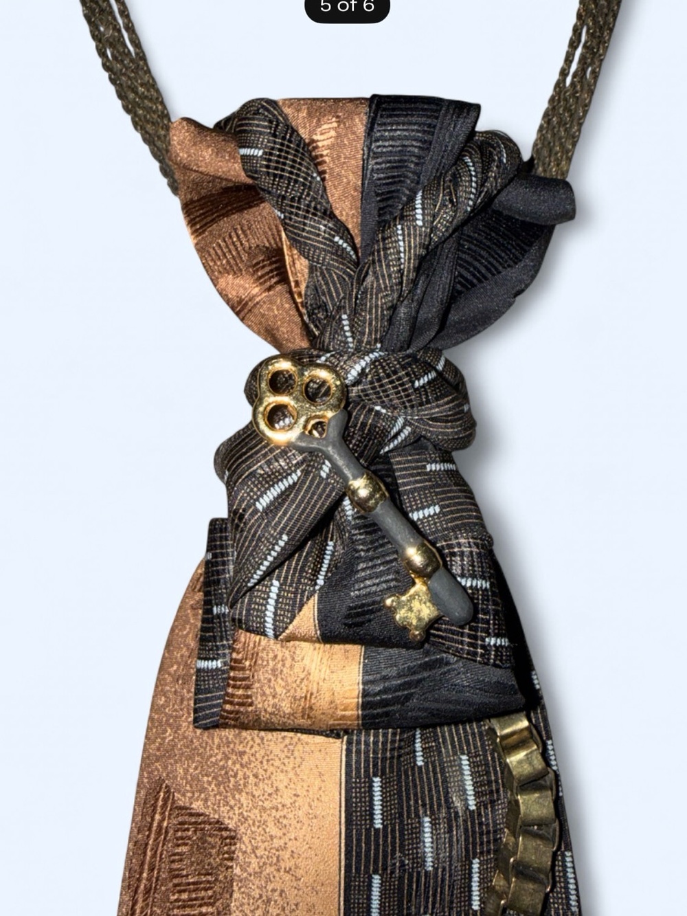 Upcycled Vintage Necktie Necklace Embellished Gears Anchor key brooch Steampunk - Picture 4 of 7